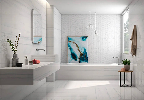 Bathroom with Porcelain Marble Tiles Ravena Blanco